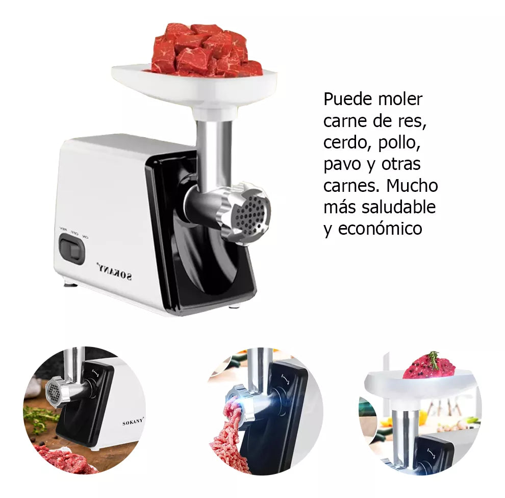 Molino picador eléctrico Sokany con accesorios de acero inoxidable sobre una cocina

